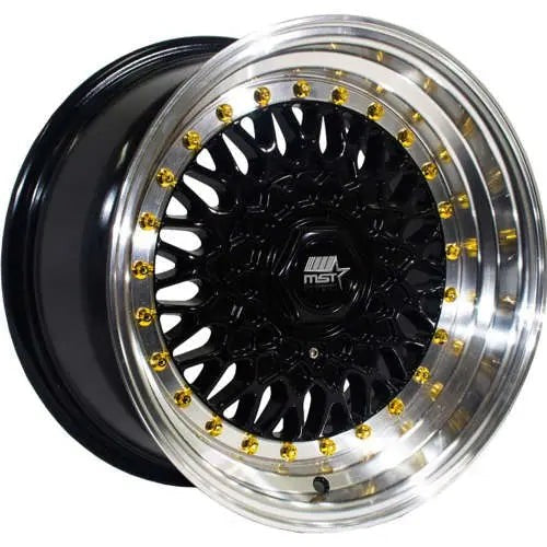 MST Wheels MT13 Black w/ Machined Lip & Gold Rivets 16x8 | 4x100 (13-6816-20-BKGL)