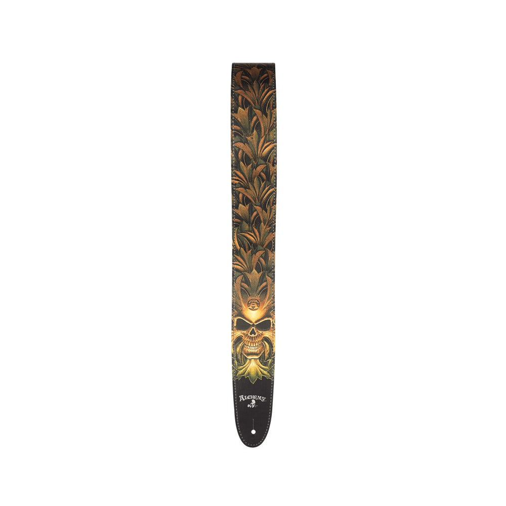 Alchemy Leather Guitar Strap, Green Skull