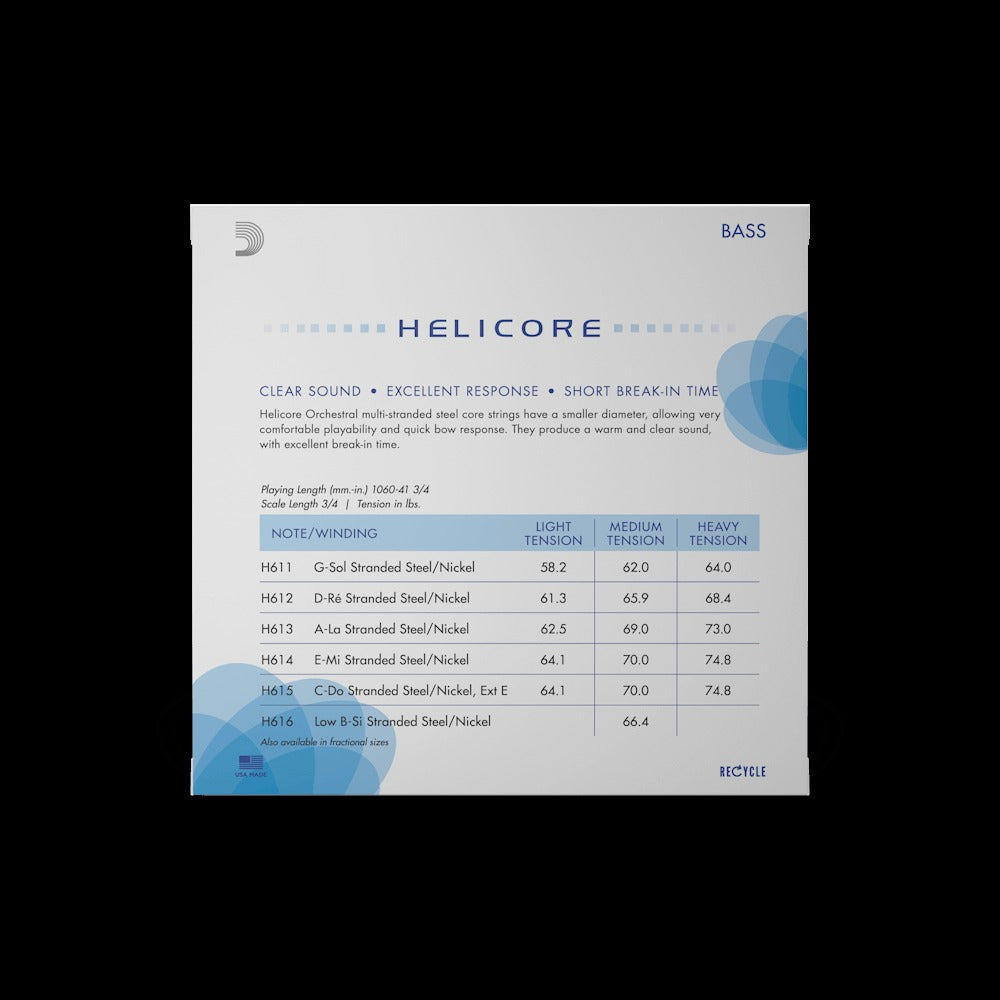 Helicore Orchestral Bass String Set, 3/4 Scale, Heavy Tension