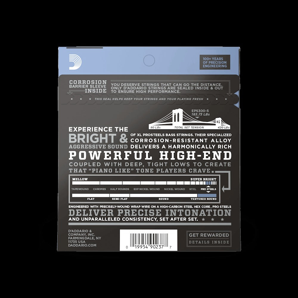 43-127 Custom Light Top/Medium Bottom 5-String Tapered, Long Scale, XL ProSteels Bass Strings
