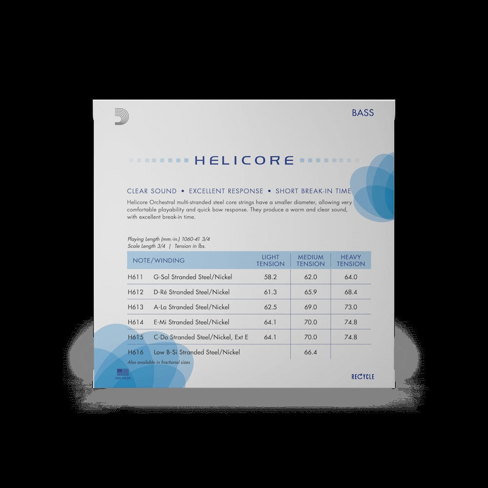 Helicore Orchestral Bass String Set, 3/4 Scale, Medium Tension