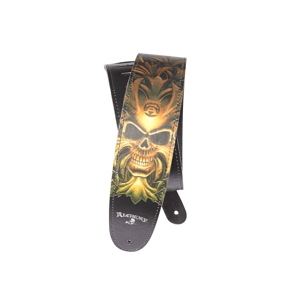 Alchemy Leather Guitar Strap, Green Skull